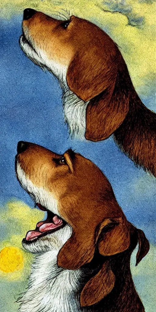 Image similar to portrait of jack russel dog looking up and howling with mouth open sad, night sky, highly detailed, side view, illustrated by peggy fortnum and beatrix potter and sir john tenniel