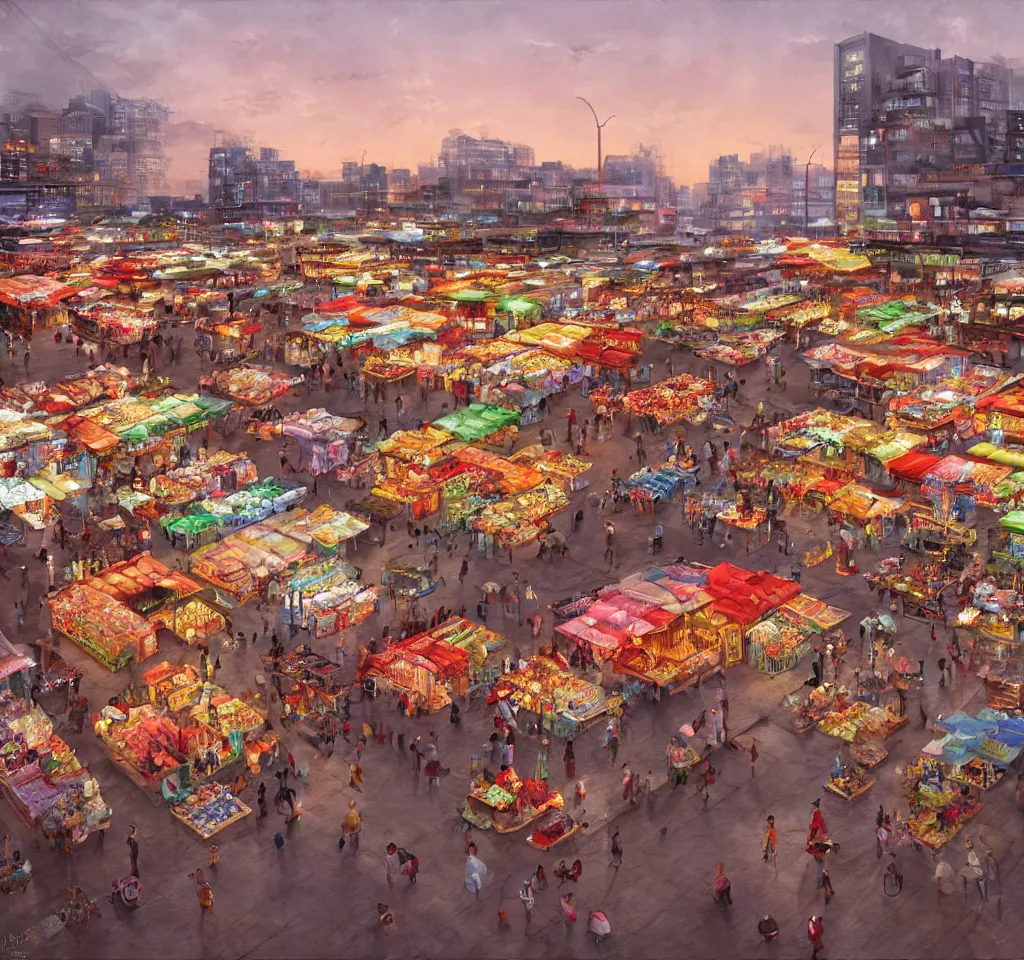 Image similar to an immaculate digital matte painting by Robin White of a placid asian street market scene at dusk.