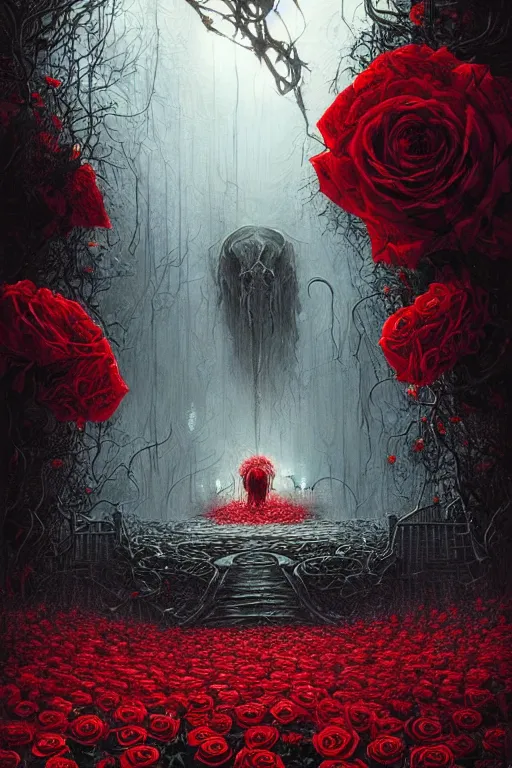 Prompt: poster style, a beautiful and terrifying painting with high details of reaper's garden with red fluid white roses in the foreground, movie atmosphere, movie lights, 8 k, light effect, rtx on, trending on artstation, by kilian eng, lee madgwick, bastien lecouffe - deharme