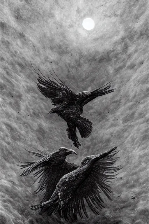 Image similar to Intricate stunning highly detailed surreal ravens by agostino arrivabene and Seb McKinnon, sculpture, ultra realistic, Horror, dramatic lighting, full moon, blood moon, thick black swirling particle smoke tornado, fire embers, trending on artstation