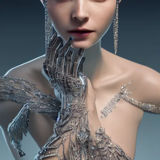 Image similar to full body detailed, ethereal, biomechanical, covered in diamonds and other gems glowing, highly detailed face, elegant posed, intricate, extremy detailed, beeple, cgsociety, 3 d unreal engine octane render. cinematic lighting, highly detailed 4 k art