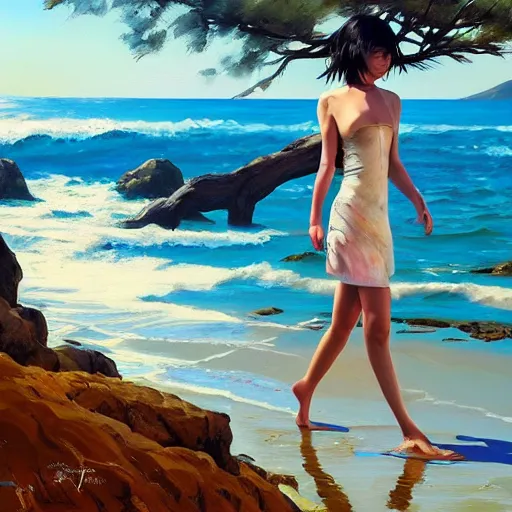 Image similar to oil painting by ilya kuvshinov,, baugh casey, artgerm craig mullins, coby whitmore, of a youthful japanese girl, long hair, wet sundress walking along the coast, highly detailed, breathtaking face, studio photography, noon, intense bounced light, water reflection, large tree casting shadow, serine intense sunlight in the style of zack snyder