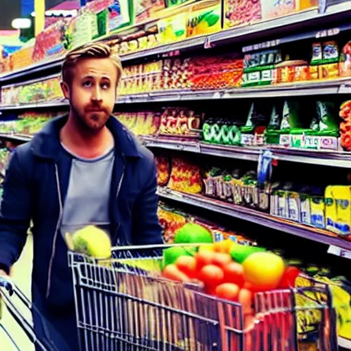 Image similar to ryan gosling in grocery store, go pro camera, hyperrealistic, 8k footage,