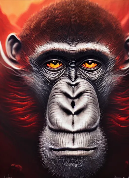 Image similar to close up portrait of a monkey monster in the mountains of hell, oil painting by tomasz jedruszek, cinematic lighting, pen and ink, intricate line, hd, 4 k, million of likes, trending on artstation