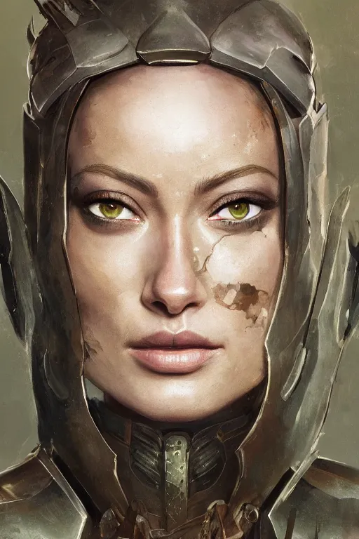 Image similar to a professionally painted portrait of Olivia Wilde, clothed in ancient battle armor, olive skin, long dark hair, beautiful bone structure, symmetrical facial features, scar across face, intricate, elegant, digital painting, trending on Artstation, concept art, smooth, sharp focus, illustration, from Metal Gear by Ruan Jia and Mandy Jurgens and Artgerm and and william-adolphe bouguerea, award winning