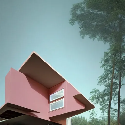 Prompt: modernist house inspired by a mcdonalds between big trees, light pink clouds, dramatic lighting, artstation, matte painting, raphael lacoste, simon stalenhag, frank lloyd wright, zaha hadid