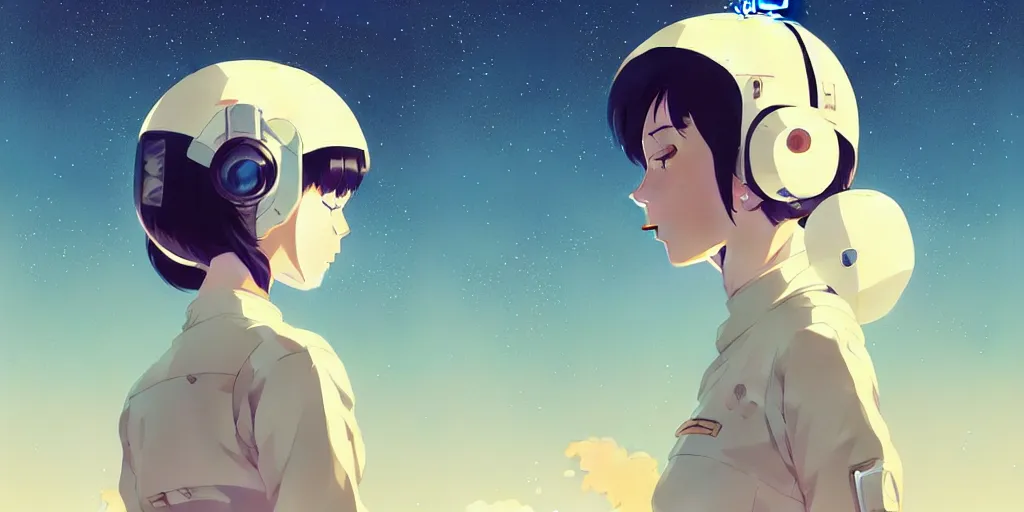 Image similar to portrait of a girl with astronaut helmets by ilya kuvshinov, cloudy sky background lush landscape ln illustration concept art anime key visual trending pixiv by victo ngai fanbox by greg rutkowski makoto shinkai takashi takeuchi studio ghibli