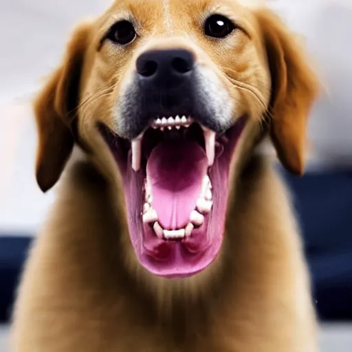 Image similar to dog with big human teeth smiling