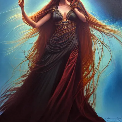 Prompt: portrait of a female wizard in flowing sensual dress, long flowing hair, delicate, looking at camera, slightly smiling, realistic face, stylish, elegant, extremely detailed painting inspired by Gerald Brom, stunning lighting