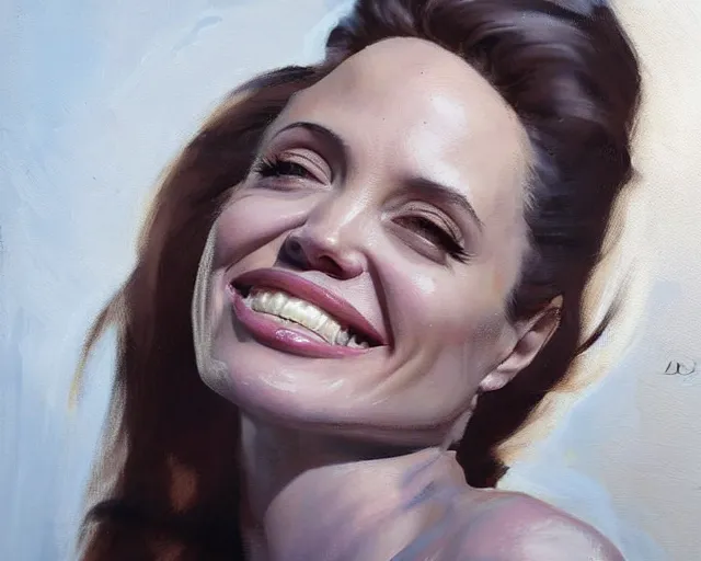 Prompt: greg manchess portrait painting of smiling angelina jolie as beautiful thick female bodybuilder zarya from overwatch, medium shot, asymmetrical, profile picture, organic painting, sunny day, matte painting, bold shapes, hard edges, street art, trending on artstation, by huang guangjian and gil elvgren and sachin teng