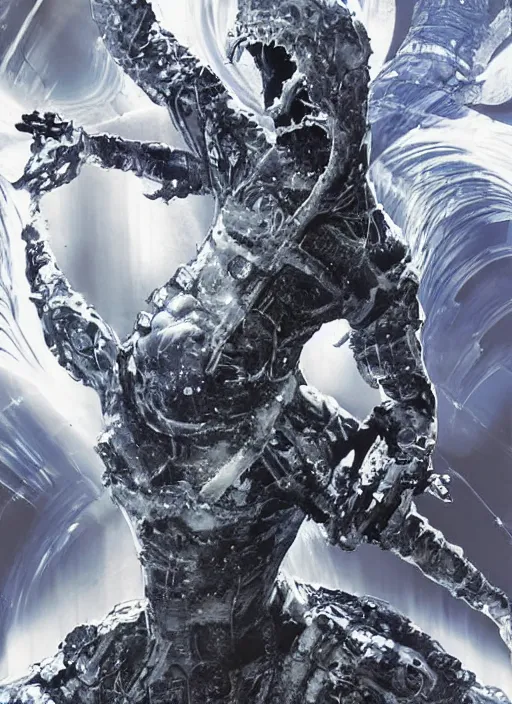 Image similar to astronauts in dark and empty void underwater - complex and hyperdetailed technical suit. reflection and dispersion materials. rays and dispersion of light. volumetric light. 5 0 mm, f / 3 2. noise film photo. flash photography. ultra realistic, wide angle. poster by wayne barlowe, hajime sorayama aaron horkey, craig mullins