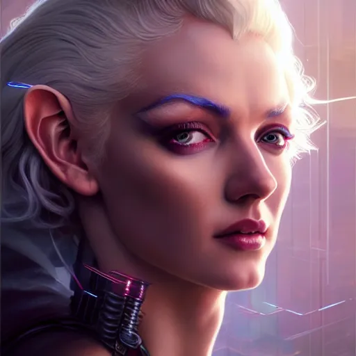 Image similar to portrait painting of a cyberpunk elven decker who looks like marilyn monroe, ultra realistic, concept art, intricate details, eerie, highly detailed, photorealistic, octane render, 8 k, unreal engine. art by artgerm and greg rutkowski and charlie bowater and magali villeneuve and alphonse mucha