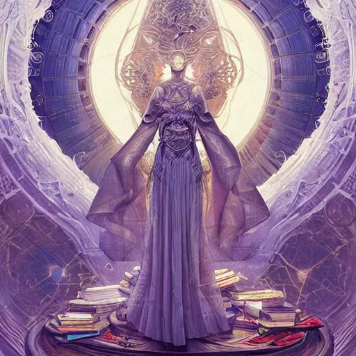 Image similar to a portrait of the goddess minerva surrounded by stacks of books, bioluminescent gown with deep level of detail of esoteric symbols, urban motifs, intricate, elegant, highly detailed, digital painting, trending on artstation, concept art, smooth sharp focus, illustration, art by artgerm and greg rutkowski, extremely high quality, surrealism