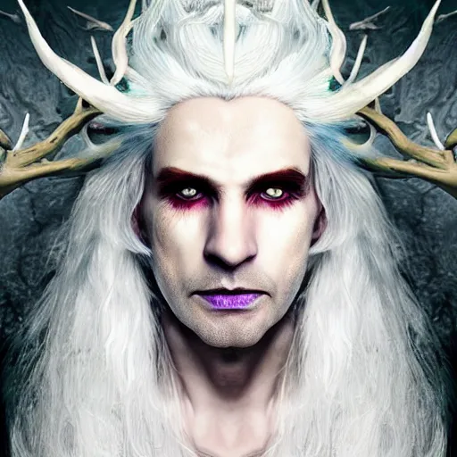 Image similar to the frightening archfey called'the prince of frost ', fantasy, white hair, blue skin, wild eyebrows, middle - age, elf, crown, trending on cgsociety