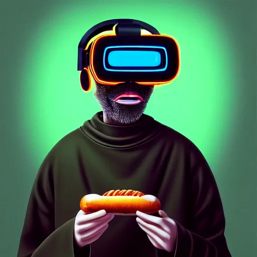 Prompt: Colour Photography of 1000 years old man with highly detailed 1000 years old face wearing higly detailed cyberpunk VR Headset designed by Josan Gonzalez. Man eating higly detailed hot-dog. In style of Josan Gonzalez and Johannes Vermeer and Mike Winkelmann and Caspar David Friedrich. Rendered in Blender