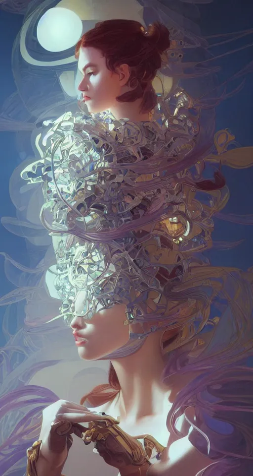 Image similar to beautiful young girl, cybernectic, vaporwave aesthetic, synthwave, intricate, elegant, highly detailed, digital painting, artstation, concept art, smooth, sharp focus, illustration, art by artgerm and greg rutkowski and alphonse mucha