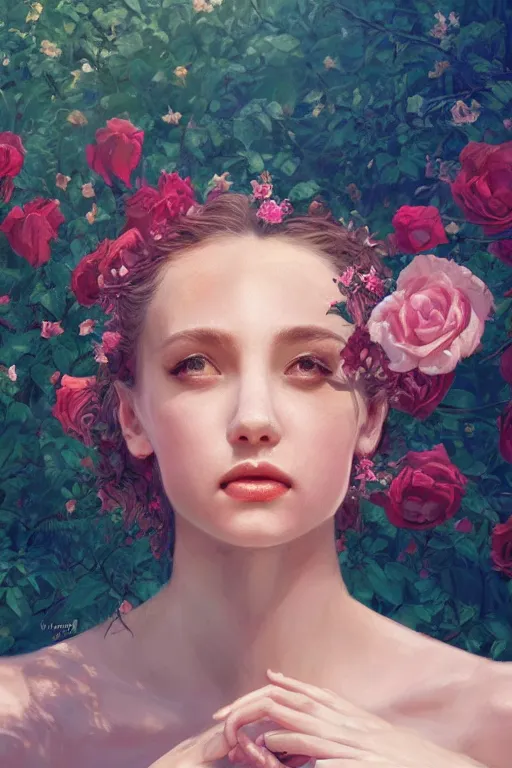 Prompt: stunningly beautiful, prima ballerina in rose garden, symmetrical face, golden hour, smooth, focus, highly detailed, hyper realistic, dramatic lighting, elegant, intricate, concept art, art by wlop, mars ravelo, greg rutowski, artstation