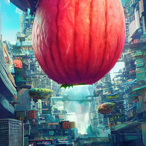 Image similar to Concept Digital Art Highly detailed giant Watermelon warlord destroying city by Stephen Hickman and Beeple. Very highly detailed 8K,Pentax 67, Kodak Portra 400 in style of Hiromasa Ogura Ghost in the Shell, the golden ratio, rational painting