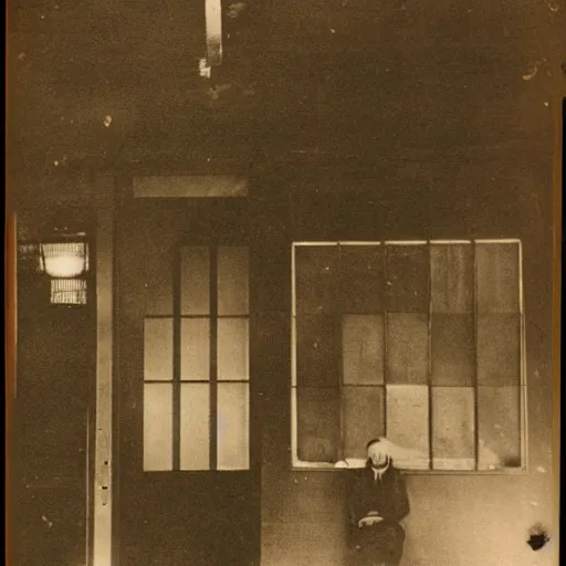 Prompt: vintage photograph of a dark apparition spotted inside a Japanese tea house, view from the street, nighttime