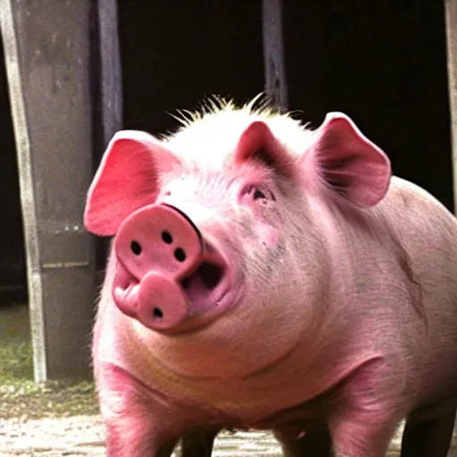 Prompt: creppy 2 0 0 3 photo of a pig masked man screaming in a dark red slaughterhouse