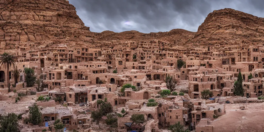 Prompt: a cyberpunk village with nabatean architecture, highly detailed, 4k, photograph, HDR , Minolta X700, 50mm, award winning