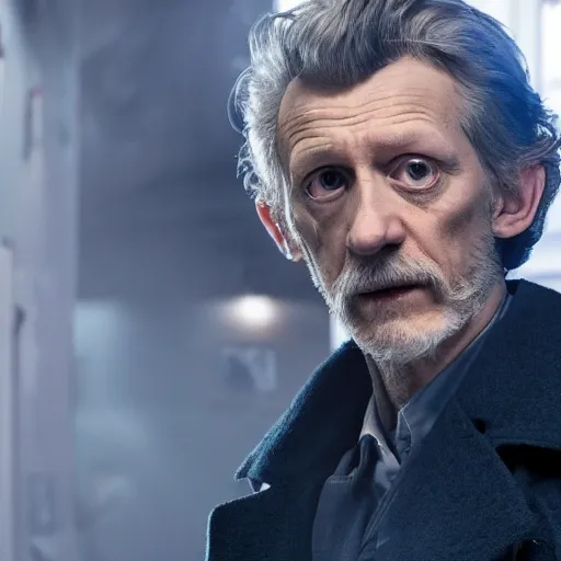 Image similar to tom holland as a rough dirty old man with a scruffy beard in a dark blue trenchcoat as the new doctor who, cinematic, volumetric lighting, f 8 aperture, cinematic eastman 5 3 8 4 film, photorealistic