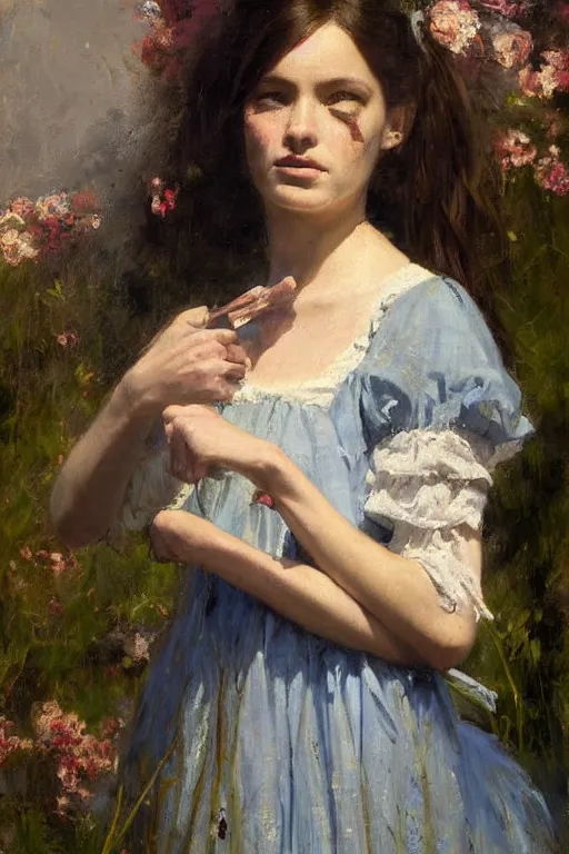 Image similar to Richard Schmid and Jeremy Lipking and Antonio Rotta full length portrait painting of a young beautiful traditonal alice from Alice in Wonderland