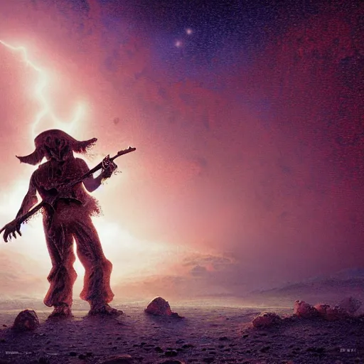 Prompt: UHD closeup of a Photorealistic clown playing electric guitar during a wicked lightning storm on Mars, with a cool pose, by Antonio Caparo and Ferdinand Knab and Greg Rutkowski, UHD, photorealistic, trending on artstation, trending on deviantart