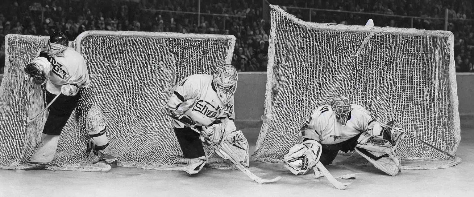 Image similar to detailed sharp photograph in the style of popular science circa 1 9 5 5 of a goalie at his net in a hockey game