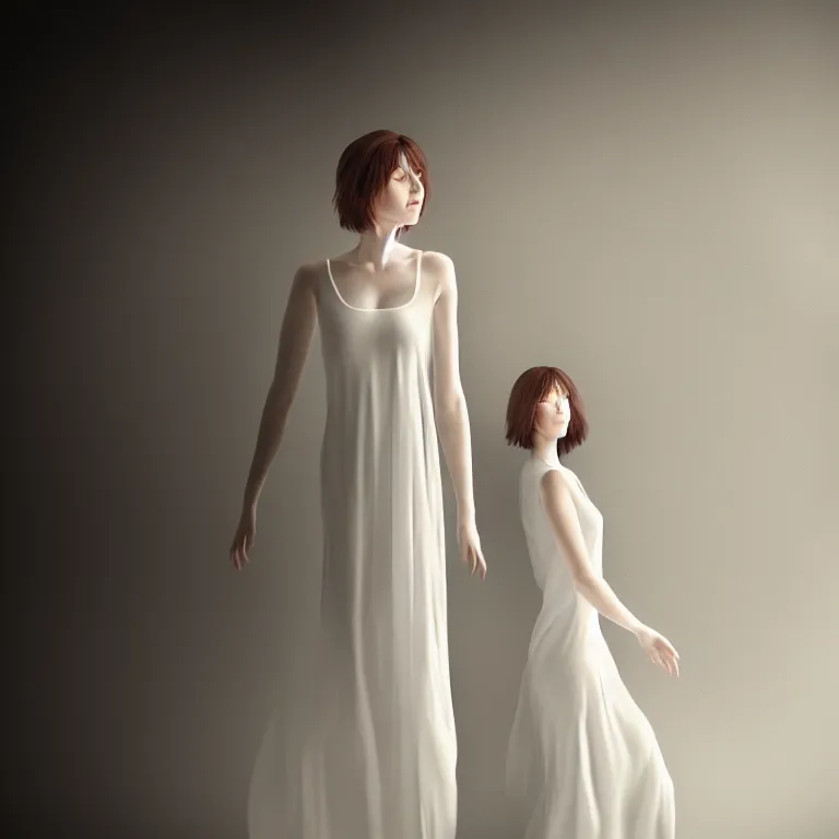 Prompt: a wonderful realistic portrait of a lonely woman who is dressed with a wonderful, majestic, large semi transparent white cotton dress, accent white lighting, dramatic light, octane render