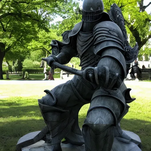 Prompt: a marble statue of dark souls in a park