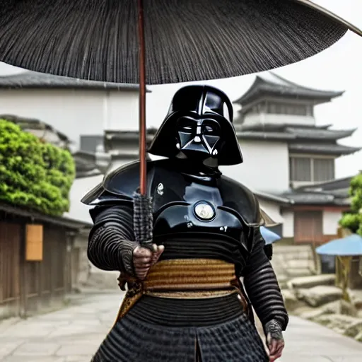 Image similar to keanue reeves wearing samurai armor walks in a street in a japanese village from 19th century in a star wars style, a x-wing is flying in the sky, rainy day, highly detailed, very highly detailed, 4k, photorealistic