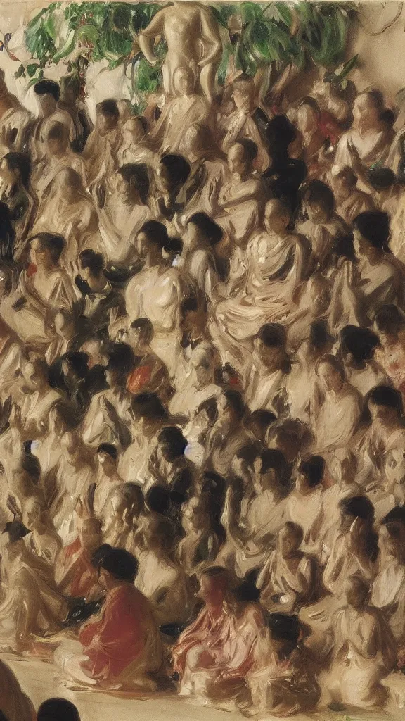 Image similar to a budda rabbit statue between crowd of people prayers in a botanical room by john singer sargent