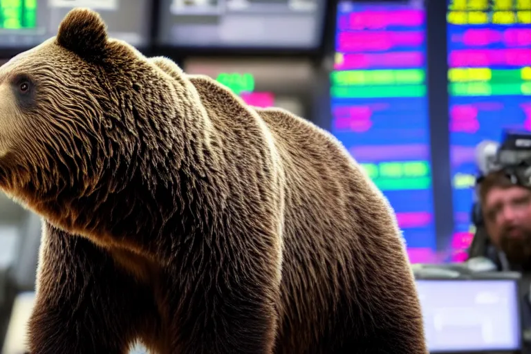 Prompt: literal grizzly bears screaming on the floor of the NYSE as the markets rally to all-time-highs, high definition color photograph