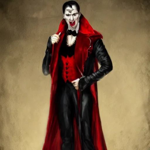 Image similar to a vampire, male, mid - 4 0 s aged, long, slicked black hair, clean shaven, in red and black, regal, high fantasy, oil painting, realistic, full body shot, concept art.