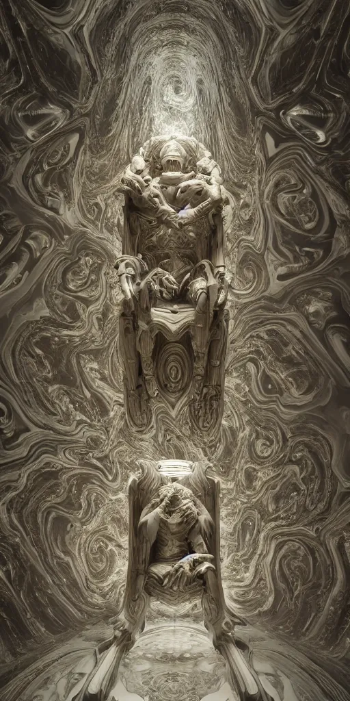 Prompt: a hyperrealistic 3 d render of a massive fractal humanoid mechanical celestial god sitting on a procedural pattern throne inside a massive turbulent and billiowing nebula, carved marble, volumetric lighting, octane render, glowing, zbrush, nebula, transient, cosmic, surreal, artistic, cinematic, 8 k, ultra detailed
