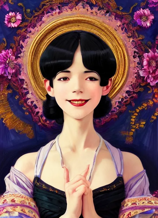 Image similar to a smiling beautiful dancer with black hair in 1920's fashion, living room background, intricate, highly detailed, digital painting, artstation, official media, anime key visual, concept art, rich vivid colors, ambient lighting, sharp focus, illustration, art by Artgerm, Makoto Shinkai, Ilya Kuvshinov, Lois Van Baarle, and Rossdraws