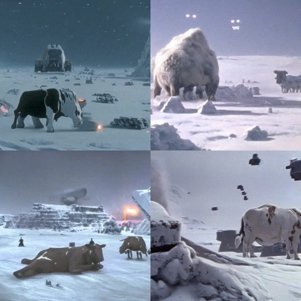 Prompt: a giant cow attackin the rebel base on Hoth in the movie Star Wars