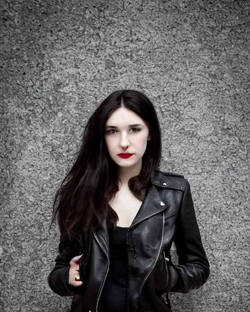 Image similar to young woman in her 20s, she wears a leather jacket and knee high boots, full body portrait, taken by a nikon, intricant, cinematic, wonderful dark hair