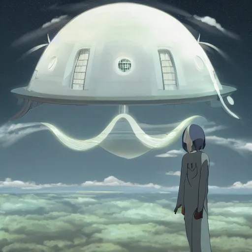 Image similar to an asymmetrical cell - shaded studio ghibli concept art study of a huge silver flying ufo in the sky. an elegant alien is greeting a middle eastern merchant on the ground. very dull colors,, hd, 4 k, hq