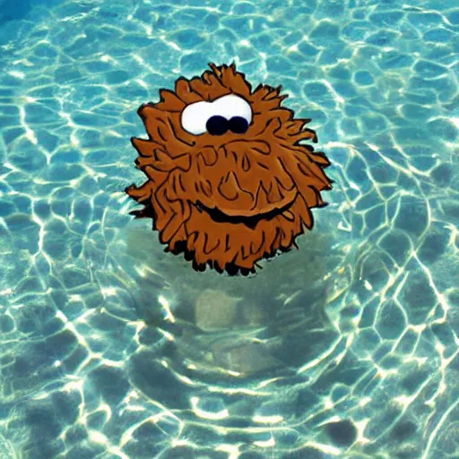 Image similar to cookie monster swimming in a pool