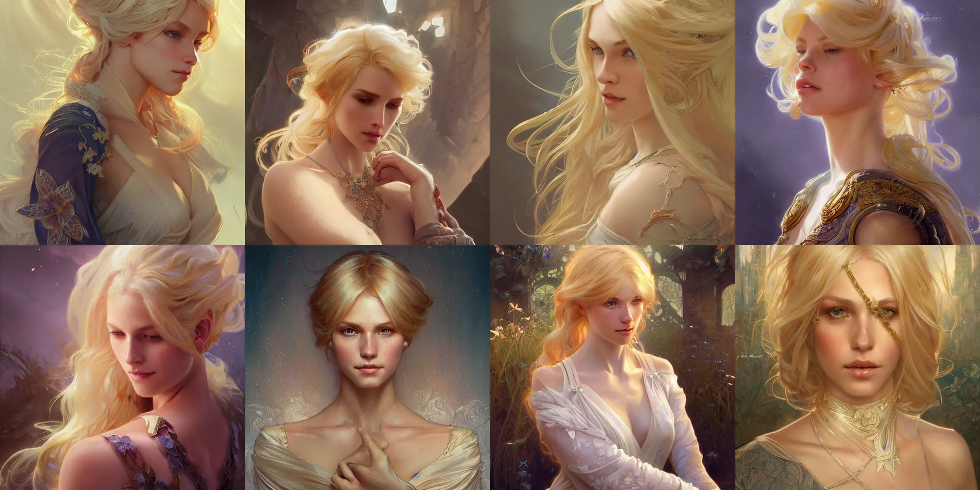 Prompt: a beautiful blond woman, fantasy, intricate, elegant, highly detailed, digital painting, artstation, concept art, smooth, sharp focus, illustration, art by artgerm and greg rutkowski and alphonse mucha