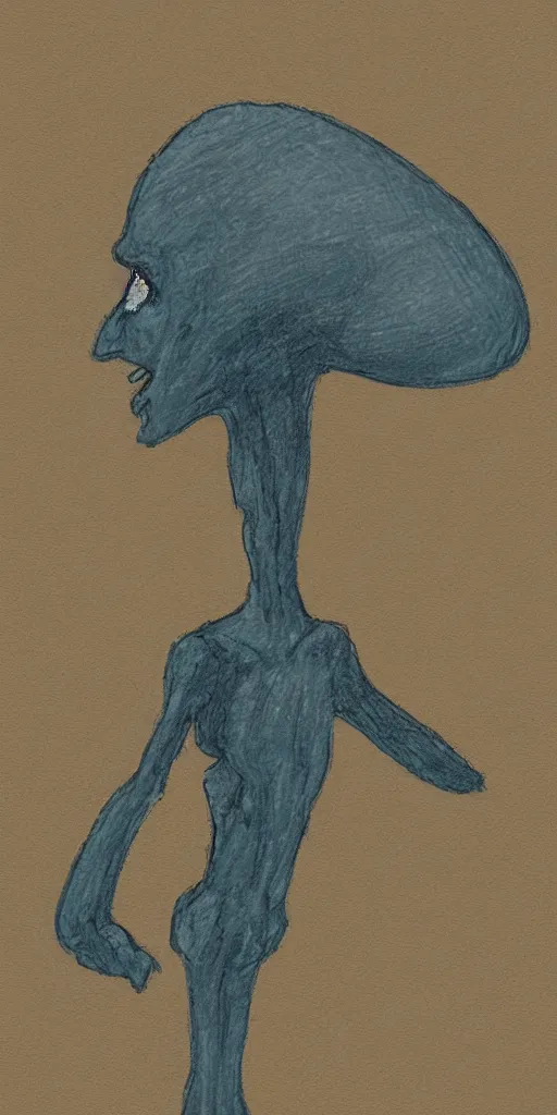 Image similar to impressionist sketch of an alien came to earth, nighttime, weird, elegant, panorama, character is small