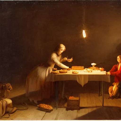 Image similar to one young man and one young woman baking waffles in romantic light painted by davinci