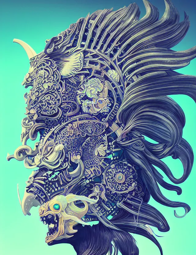 Image similar to 3 d goddess close - up profile solarpunk portrait ram skull. beautiful intricately detailed japanese crow kitsune mask and clasical japanese kimono. betta fish, jellyfish phoenix, bio luminescent, plasma, ice, water, wind, creature, artwork by tooth wu and wlop and beeple and greg rutkowski