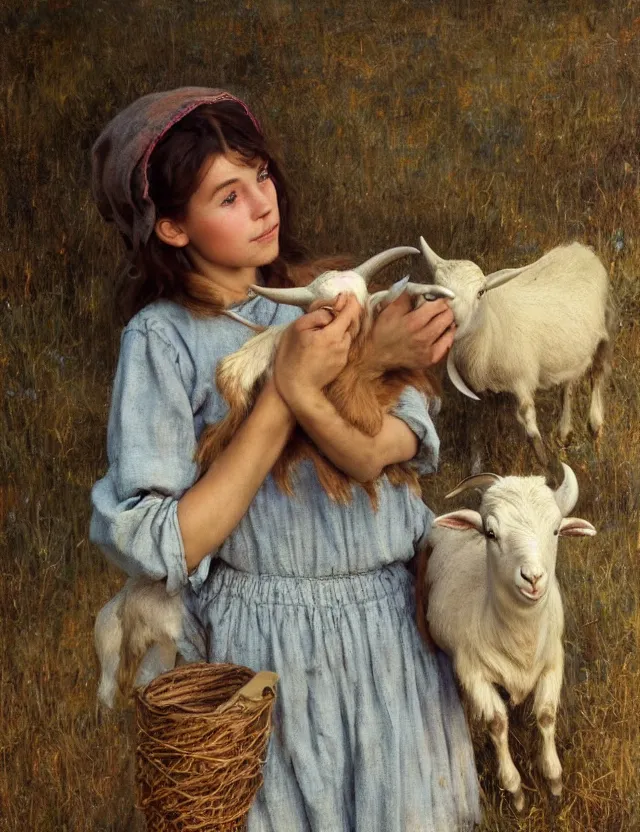 Image similar to portrait of peasant girl holding goat in her hands, cottage core, cinematic focus, polaroid photo bleached vintage pastel colors high - key lighting, soft lights, foggy, by steve hanks, by lisa yuskavage, by serov valentin, by tarkovsky, 8 k render, detailed, oil on canvas