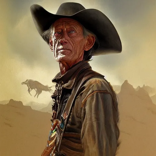 Image similar to a man, lance henriksen, cowboy hat, portrait, wild west, fantasy, highly detailed, digital painting, artstation, concept art, sharp focus, illustration, art by artgerm and greg rutkowski and alphonse mucha