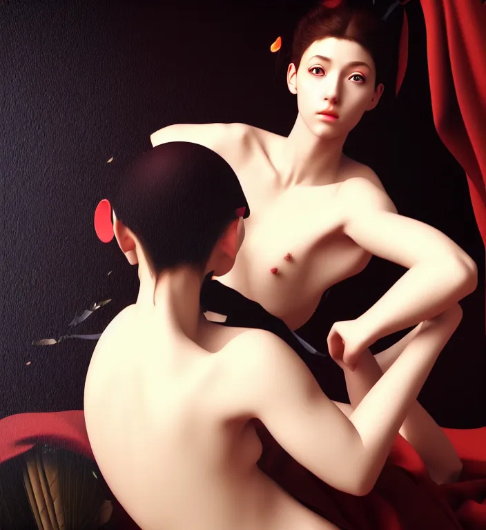 Image similar to hyperrealism photography computer simulation visualisation of parallel universe cgi european anime scene with beautiful highly detailed woman by caravaggio
