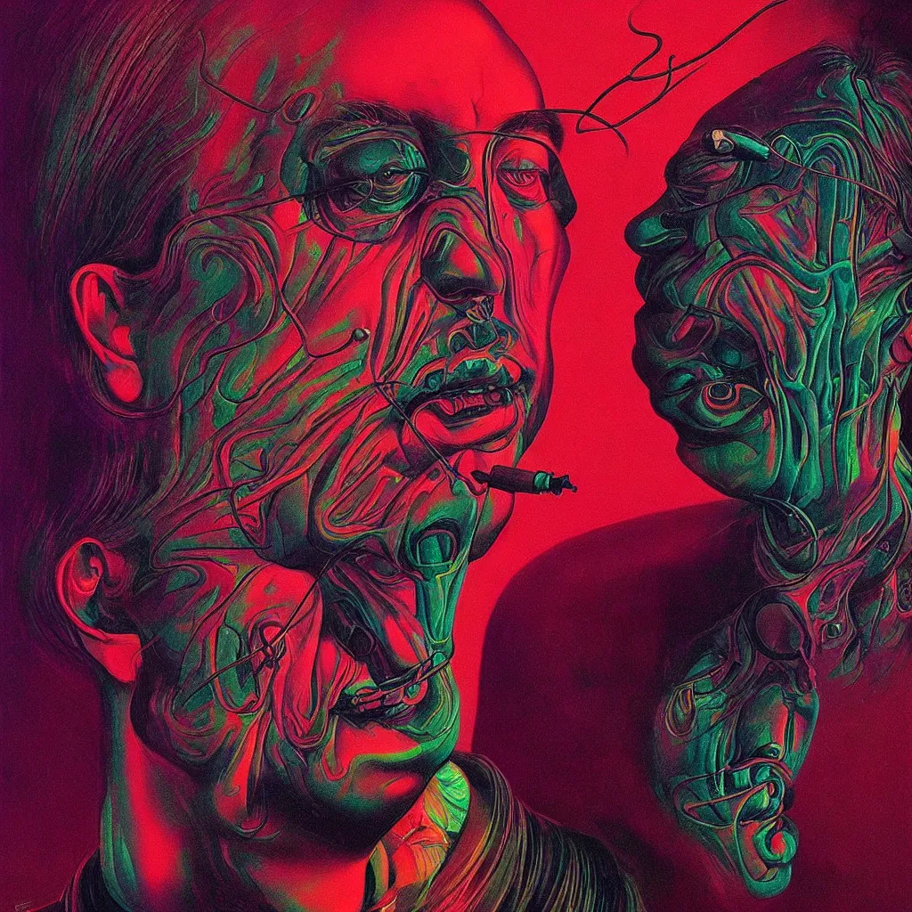 Prompt: psychedelic portrait of bill hicks smoking in the style of hans giger, alex grey, lynchian atmosphere, film noir, concept art, art by kuvshinov ilya and zdislav beksinski and wayne barlowe, vivid colors