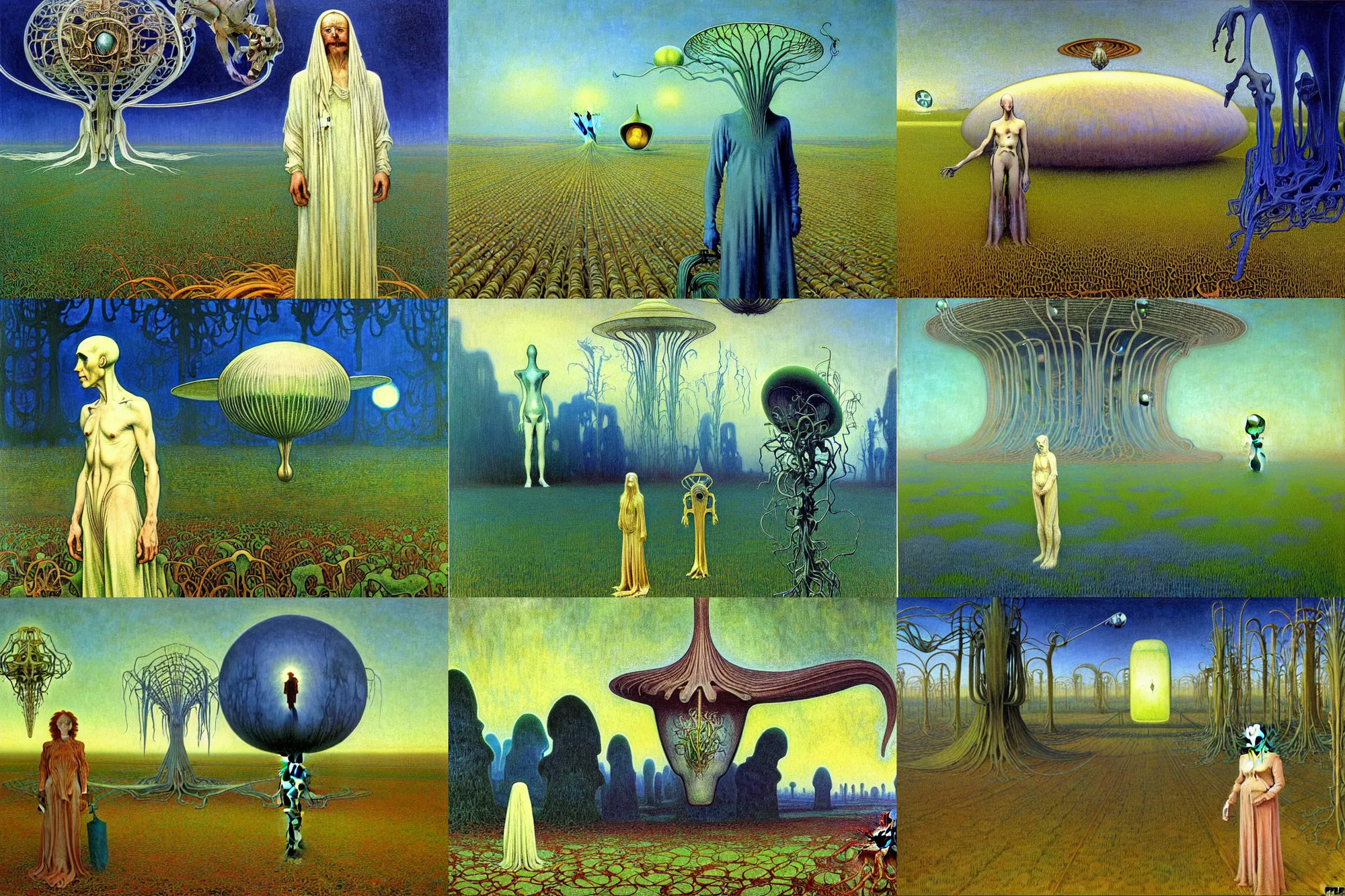 Prompt: realistic detailed portrait painting of a ghost farmer, single house in a plain field and single ufo in the background, futuristic sci-fi forest by Jean Delville, Amano, Yves Tanguy, Alphonse Mucha, Ernst Haeckel, Edward Robert Hughes, Roger Dean, rich moody colours, blue eyes